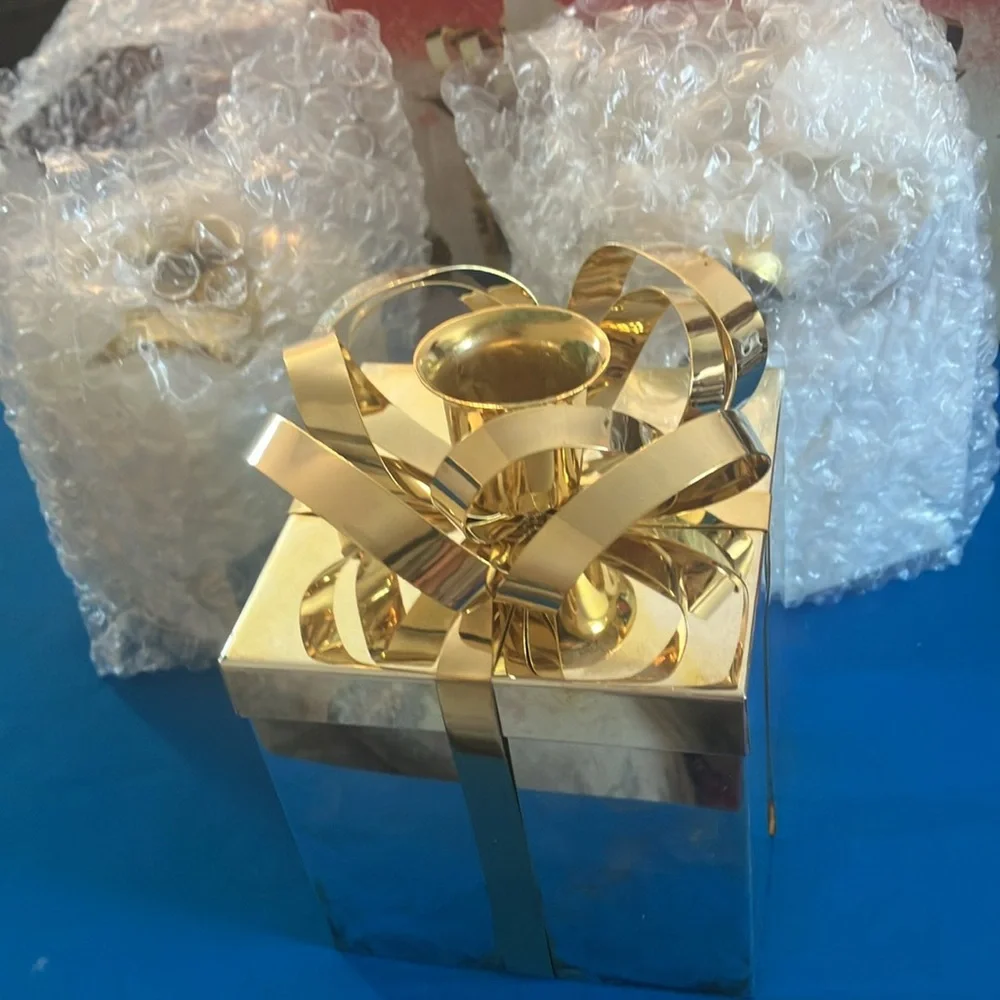 Two Tone Present Box Candle Holder Set - Gold and Silver